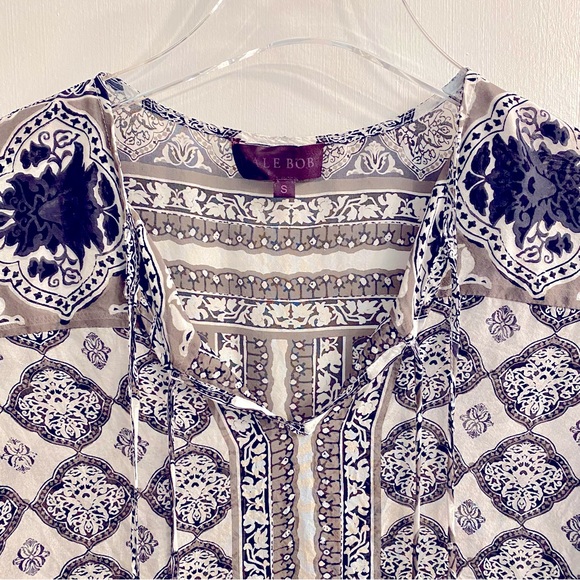Hale Bob Silk Sheer Boho Top Floral Women Small Black White Gray Double Tassels - Picture 7 of 7